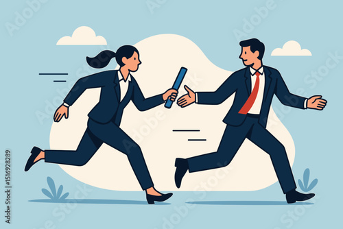 Business team relay race, man and woman passing baton. Teamwork, collaboration, partnership for success. Corporate competition, achievement, and reaching goals concept vector.
