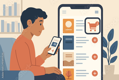 Man Browse online bookstore app on smartphone, adding books to cart. Digital library, e-reader concept. Mobile e-commerce, UI for book selection, online purchase. Flat vector illustration.