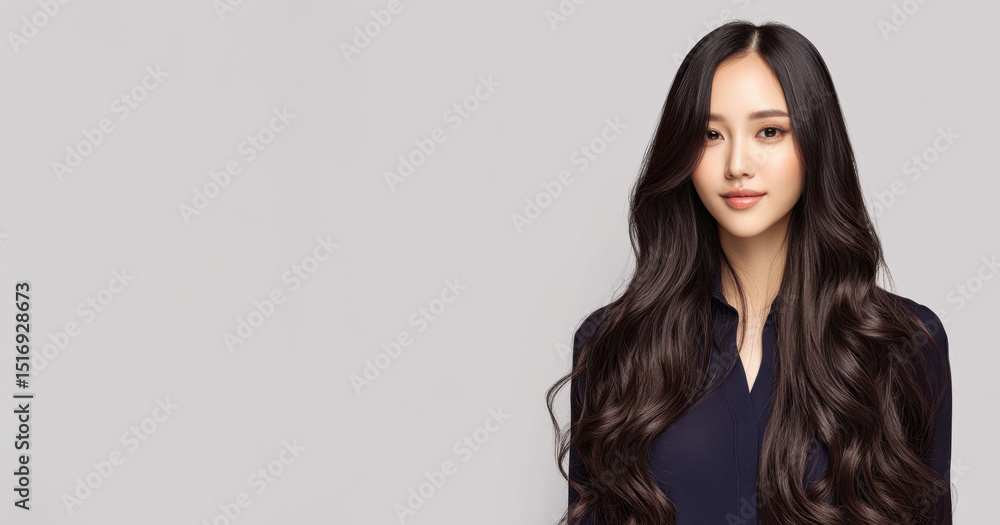Fototapeta premium Elegant woman with long wavy hair in studio