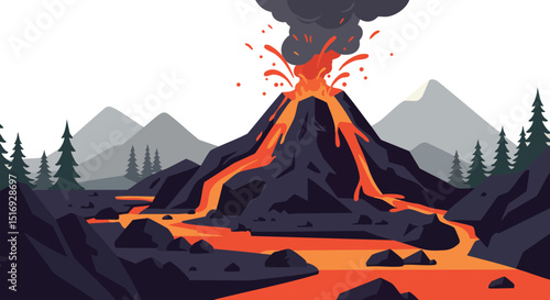 Volcano erupting with flowing lava and mountain landscape vector illustration 
