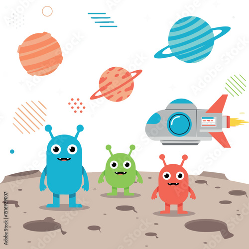 Alien characters with rocket spaceship on planet surface and colorful planets in background vector illustration 