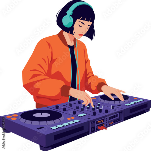Female DJ mixing music on purple console with turquoise headphones in orange jacket vector illustration 