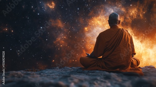 Meditating Monk Under Cosmic Sky