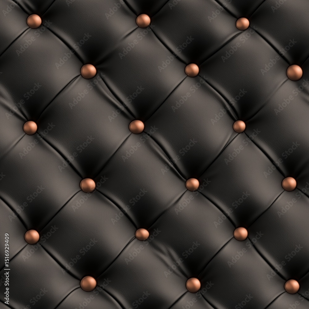 Fototapeta premium Luxurious black tufted faux leather texture with a classic quilted pattern and prominent copper buttons. This seamless background is perfect for elegant furniture, upholstery, or design projects.