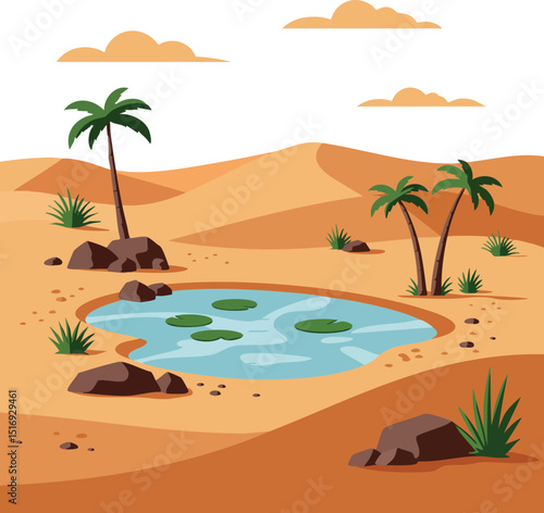Desert oasis landscape with palm trees water and rocks natural dry environment vector illustration 