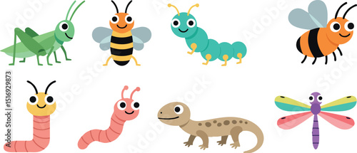 Cute colorful cartoon insects and small animals vector illustration with grasshopper bee caterpillar worm and dragonfly 