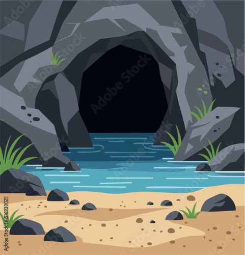 Rocky cave entrance with sandy beach and water landscape illustration vector 