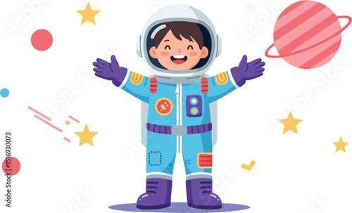 Child astronaut in blue space suit with purple gloves and boots in outer space vector illustration 