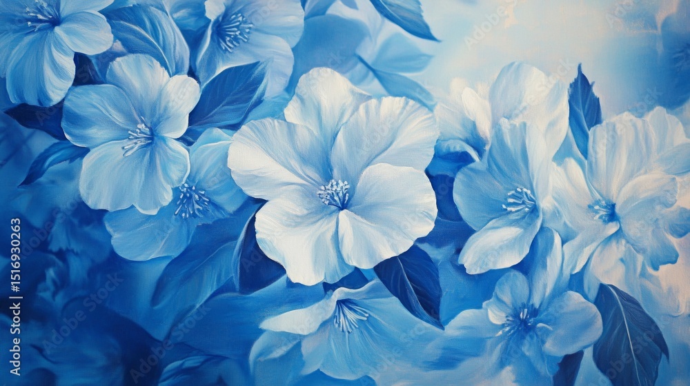 Fototapeta premium A painting of a blue flower field with a blue sky in the background