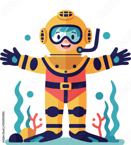 Underwater diver in yellow deep sea diving suit with seaweed and coral vector illustration 