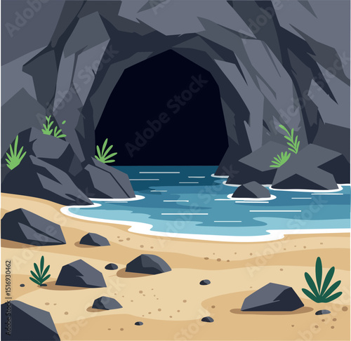 Rocky cave entrance with sandy beach and water shore natural landscape vector illustration 