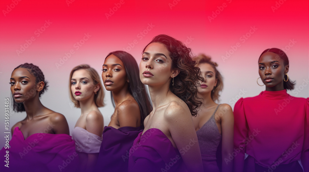 Fototapeta premium Diverse Group of Beautiful Women: Empowerment, Beauty, and Unity Stock Image for Social Media, Marketing, and Advertising