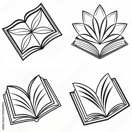 Vector set of open book illustrations for education and literature-themed designs