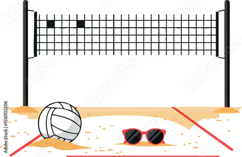Beach volleyball court with ball and sunglasses summer leisure sport equipment vector 