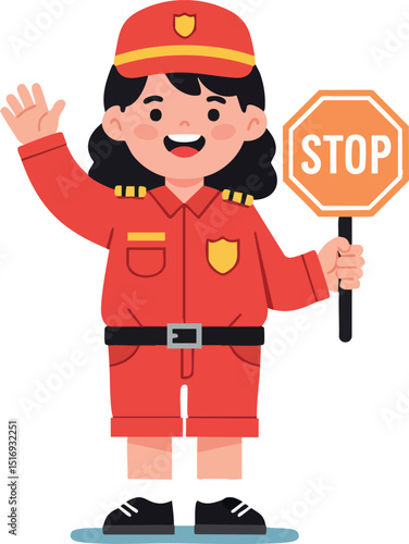 Female Traffic Officer Holding Stop Sign Vector Illustration in Red Uniform Waving Hand 