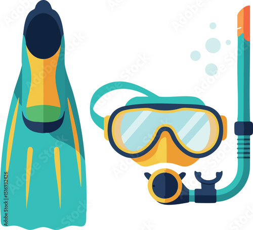 Snorkeling gear set with flipper mask and snorkel for underwater adventure vector illustration 