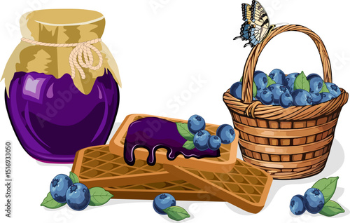 Waffles with blueberry jam.Vector illustration with waffles, blueberries in a basket and jam in a jar.