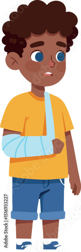 Boy with broken arm wearing yellow shirt and blue shorts vector illustration 