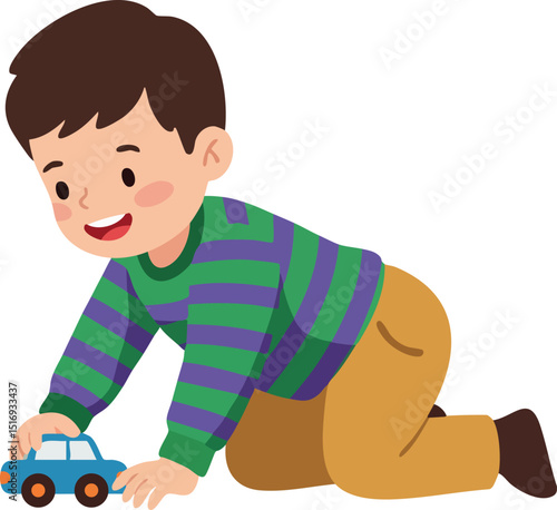 Boy playing with toy car wearing green and purple striped shirt and brown pants vector illustration 