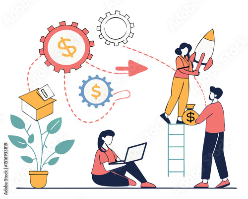 Business Creative Illustration. Vector Concept of Online Business, Startup, Crowdfunding, Know-how, Exchange of Ideas. Illustration for Web Banner, Social Media, Business Presentation, Marketing Mater
