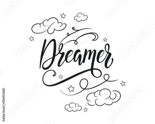 Dreamer Handwritten Lettering with Clouds and Stars