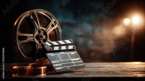 Vintage film reel and clapperboard on dark surface, evoking classic cinema nostalgia