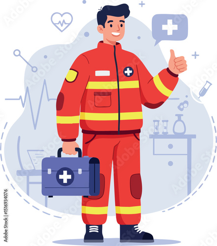 Emergency medical technician paramedic with first aid kit and red uniform illustration vector 