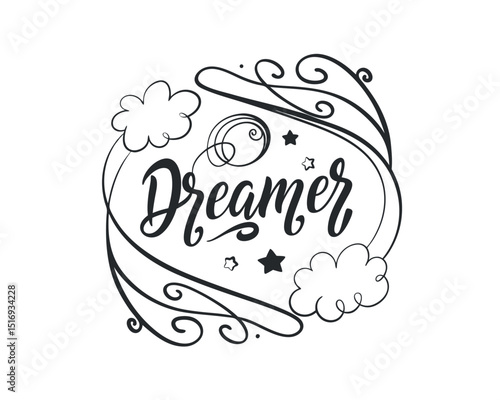 Dreamer Handwritten Lettering with Clouds and Stars