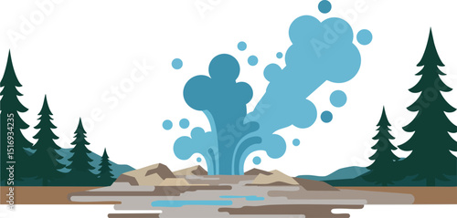 Geyser erupting in natural landscape with pine trees vector illustration 