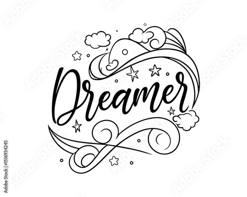 Dreamer Word Art with Clouds Stars Swirls Design