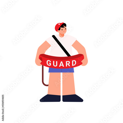 Front view of a male lifeguard confidently gripping a red rescue buoy with both hands