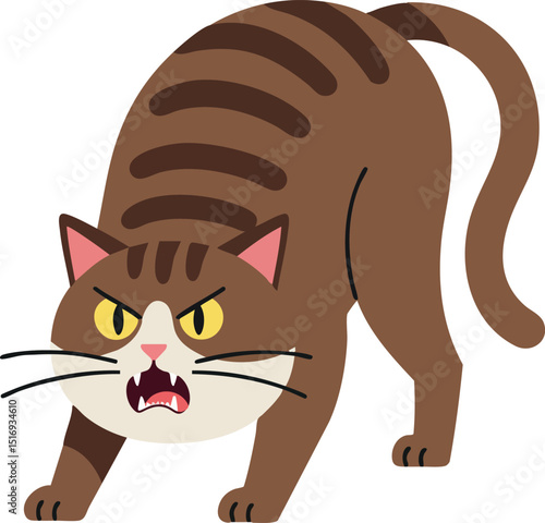 Angry brown tabby cat arched back with yellow eyes vector illustration 