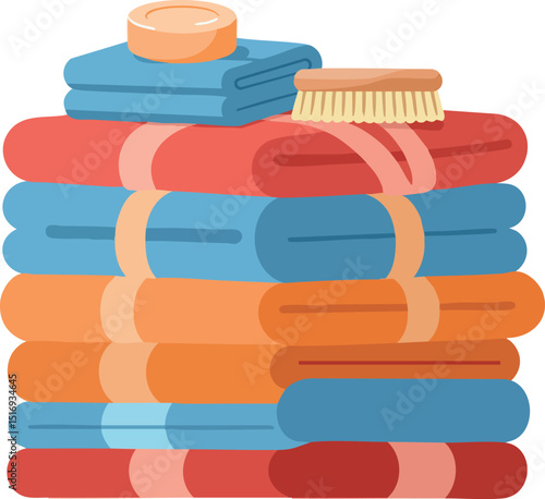 Stack of multicolored towels with soap and brush in flat vector illustration style 