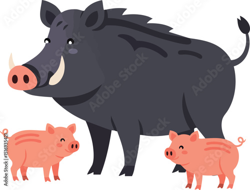 Wild boar with two piglets animal family cute vector illustration 