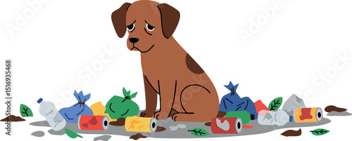 Sad brown dog sitting among garbage and trash vector illustration 