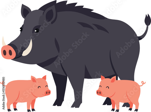 Wild boar with two piglets animal family vector illustration in natural setting 