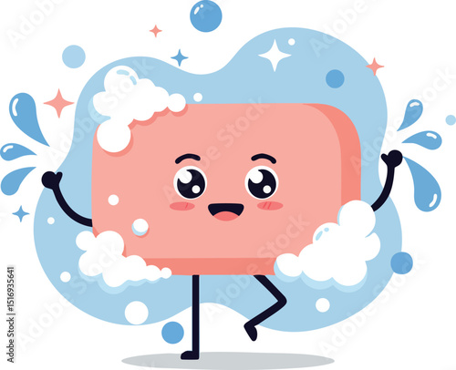 Cute happy pink soap bar with bubbles and water splash vector illustration 