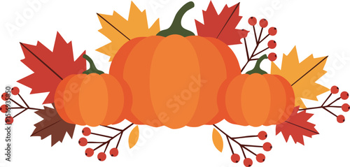 Pumpkin and autumn leaves decoration with red berries in orange and red hues vector illustration 