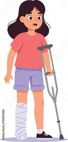 Injured girl with cast and crutch standing isolated vector illustration 