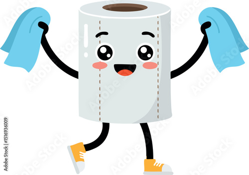 Animated happy toilet paper roll dancing with blue towels and yellow shoes vector illustration 
