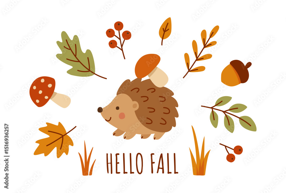 Fototapeta premium Hello Fall. Cute hedgehog with a Mushroom. Cozy Autumn. October forest elements: colorful leaves, grass, berries, acorn. Flat vector illustration isolated on white