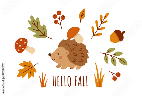Hello Fall. Cute hedgehog with a Mushroom. Cozy Autumn. October forest elements: colorful leaves, grass, berries, acorn. Flat vector illustration isolated on white