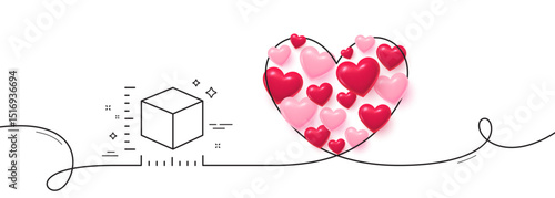 Package size line icon. Continuous line big heart. box dimension sign. Parcel measurement symbol. 3d hearts in heart shaped loop. Package size single line ribbon. Loop curve pattern. Vector