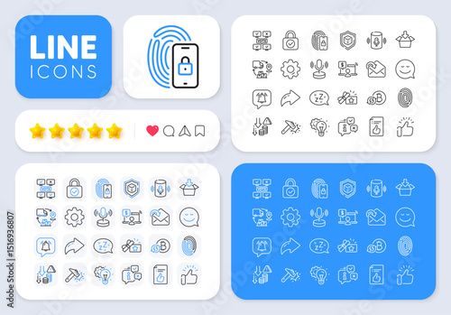 Notification bubble, Sleep and Fingerprint line icons for web app. Message, Share, Like social media icons. Pack of Microphone, Voice assistant, Refresh bitcoin pictogram icons. Vector