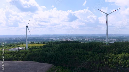 Drone view of a wind turbine in Osnabrueck, Germany (Rundwanderweg Piesberg Nord)