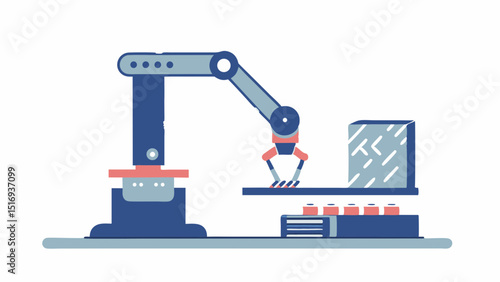 Modern robotic arm delicately picking up products in a futuristic manufacturing line in a flat