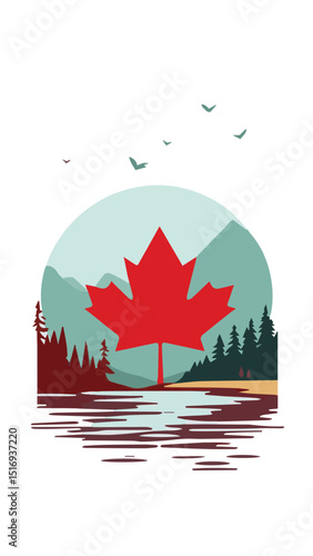Red Maple Leaf Over Mountains
