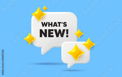 Whats new chat speech bubble. Social media concept. Whats new tag. Special offer sign. New arrivals symbol. 3d sparkles chat bubble. Vector