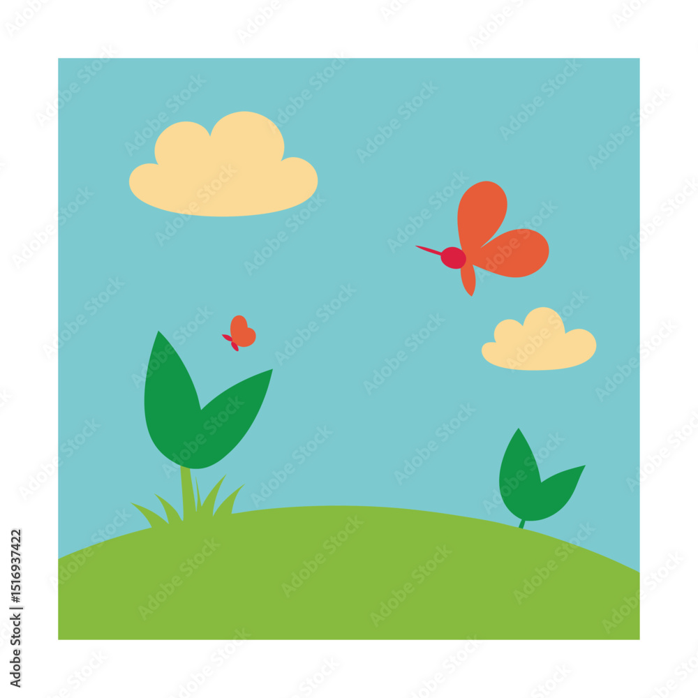 Fototapeta premium Minimal Meadow with Butterflies and Birds