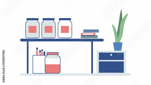A minimalist aesthetic of a tidy crafting space promotes calm creativity with simple flat vector